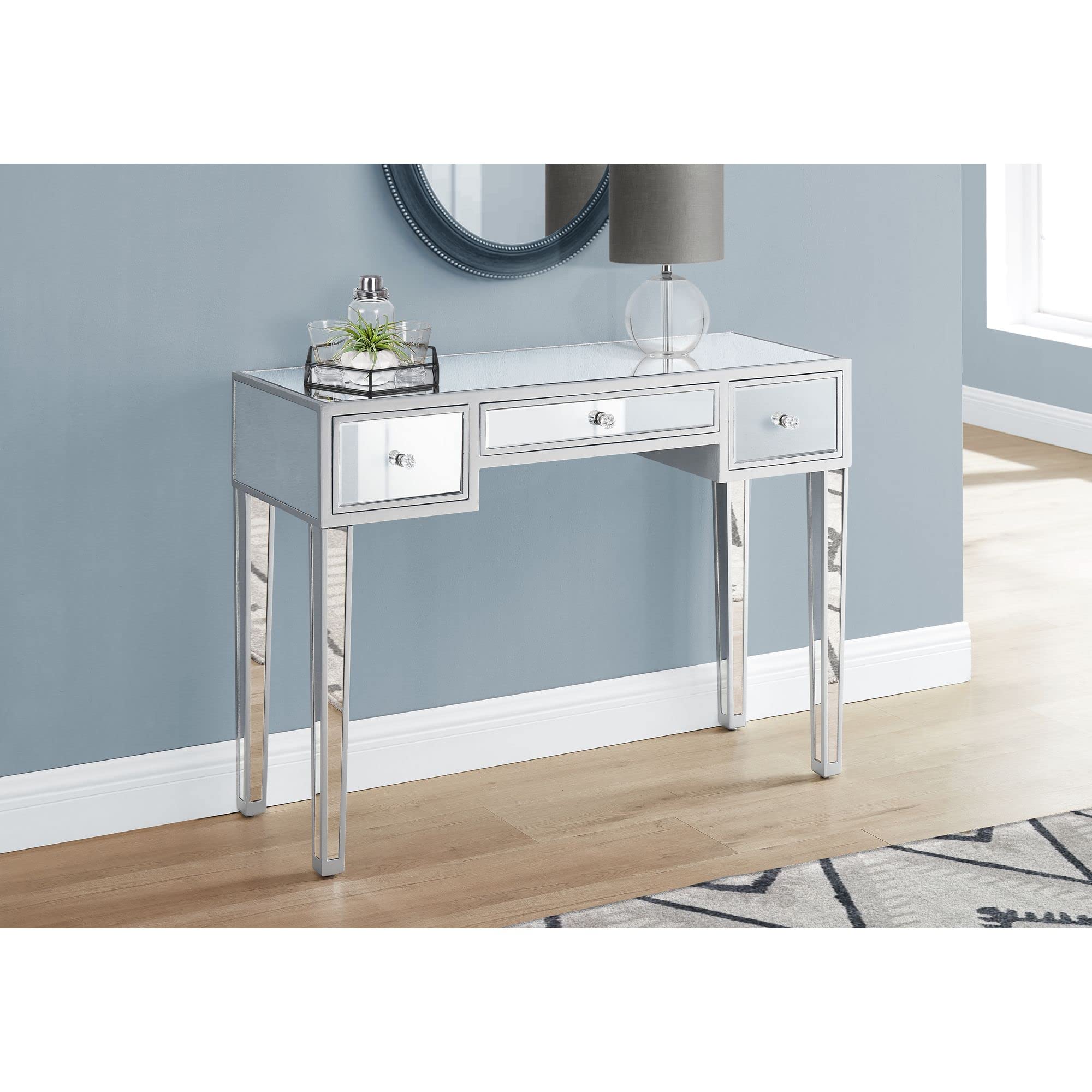 Monarch Specialties 3735 Accent Table, Console, Entryway, Narrow, Sofa, Storage Drawer, Living Room, Bedroom, Grey, Clear, Transitional Table-42 L/Mirror/Silver, 42" L x 15" W x 30.25" H